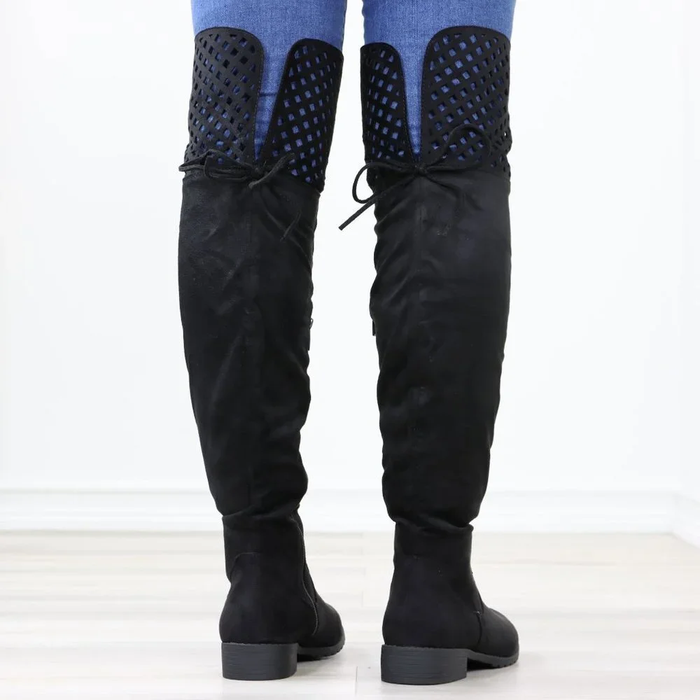 Black Thigh High Over The Knee Flat Boots Faux Suede - Picture 9 of 15